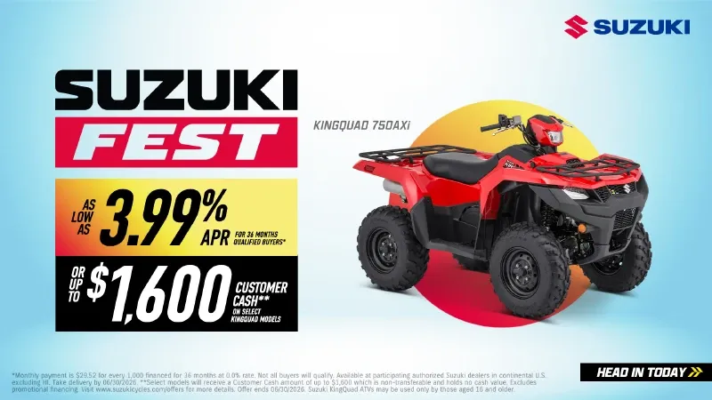 You are currently viewing Suzuki – Suzuki Fest – As Low As 3.99% APR For 36 Months Qualified Buyers* Or Up To $1,600 Customer Cash** On Select KingQuad Models